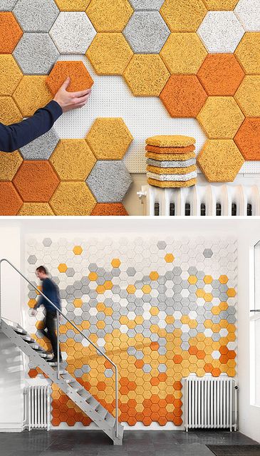 Okay, so these are very cool. They'd look great on high walls. Hexagon wall tiles from Form Us With Love. Hexagon Wall Tiles, Hexagonal Tiles, Hexagon Wall, Diy Wall Painting, Diy Wand, Sound Absorbing, Acoustic Panels, Modular Homes, Design Milk