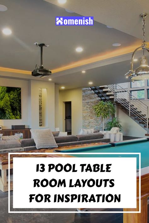 A pool table is a great addition to any home, but they are so large that it can be tricky finding a place for them to fit. Here we look at various pool room layouts to use as inspiration in your own space. How Much Room Do You Need For A Pool Table, Pool Table Room Aesthetic, Family Room With Pool Table Layout, Pool Table Living Room Ideas, Pool Table In Basement, Rug Under Pool Table, Basement With Pool Table, Pool Table Room Ideas, Pool Room Ideas