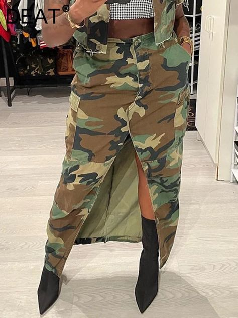 Deat Fashion Women's Skirt Irregular Pockets Zipper Split Camouflage Print Slim Waist Split Dresses Spring 2023 New 17a6707 - Skirts - AliExpress Dresses Spring 2023, Long Bodycon Skirt, Cargo Fashion, Split Dresses, Skirts 2023, Vintage Windbreaker Jacket, Tulle Long Skirt, Comfortable Skirts, Womens Denim Dress