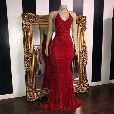 Red Evening Gown For Christmas, Red Christmas Evening Gown, Glamorous Sweep Train Dress For Red Carpet, Red Backless Formal Gown, Red Backless Evening Dress For Wedding, Red Fitted Gown For Party Season, Red Maxi Dress With Sweep Train For Party, Red Christmas Party Gown, Red Fitted Glitter Dress