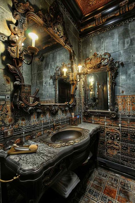 Steam Punk Bathroom, Victorian Gothic Bathroom, Rococo Bathroom, Spa Toilet, Dark Architecture, Gothic Victorian House, Steampunk Bathroom, Groovy Room, Log Homes Exterior