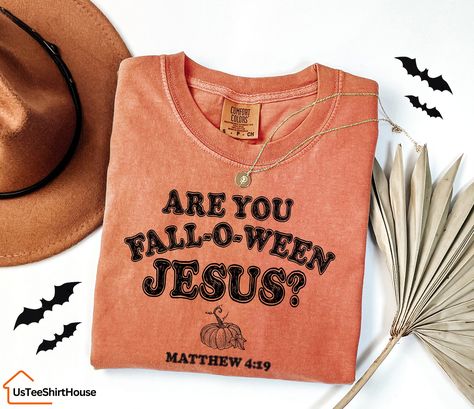 Comfort Colors® Christian Halloween Shirt, Are You Fall-O-Ween Jesus Shirt, Fall Religious Shirt, Funny Pumpkin Christian Halloween, Jesus Shirt -Sizing and Color Guidelines- We use Comfort Colors Heavyweight brands t-shirts for all the listings where you see Comfort Colors in the title. The shirts are Unisex size. They are meant to be loose-fitting, so ordering one size smaller is recommended if you want a tighter fit. Each of our shirts is meticulously crafted to your specifications, making re Jesus Halloween Shirt, Christian Halloween Shirt Ideas, Christian Halloween Shirts, Fall Christian Shirts, Church T Shirts, Christian Fits, Christian Brands, Fall Shirt Ideas, Vinyl Shirt Ideas