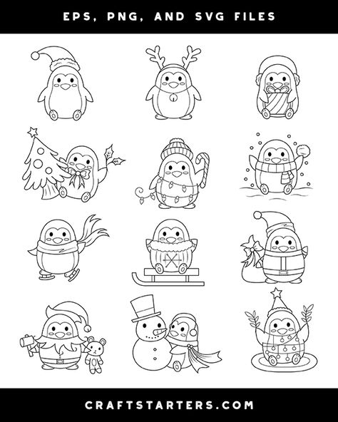 Free Black And White Clip Art, Christmas Stickers Black And White, Wood Burning Christmas Ornaments Free Printables, Black And White Christmas Art, Christmas Penguin Drawing, Christmas Clipart Black And White, Digital Stamps Christmas, Digi Stamps Free, Digital Stamps Free