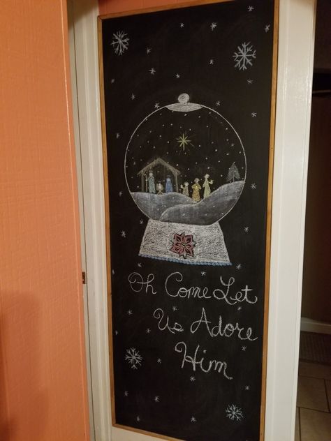 Snowglobe Chalkboard Art, Manger Chalkboard Art, Nativity Scene Door Decorating Contest, Nativity Door Decorating Contest, Snowglobe Bulletin Board, Thanksgiving Chalkboard Art, Hospital Christmas, Thanksgiving Chalkboard, Coffee Chalkboard