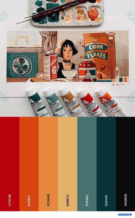 Colour Pallete Aesthetic, Artistic Color Palette, Ramen Color Palette, Comic Book Color Palette, Korean Color Palette Design, Filipino Color Palette, Korean Color Palette, Paint Palettes, Funky Colour Palette