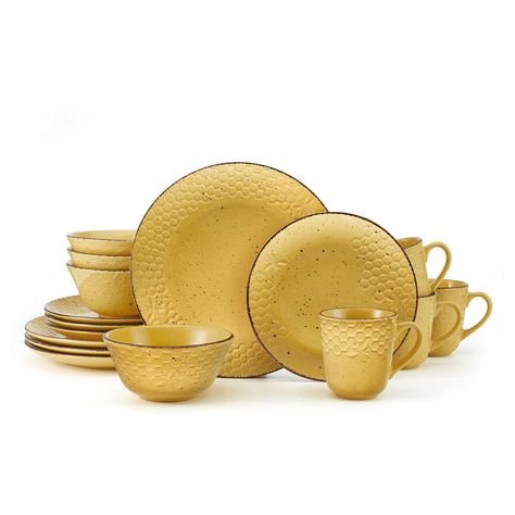 Yellow Dinnerware, Mug Crafts, Bee Honeycomb, Stoneware Dinnerware Sets, Dinner Guest, Stoneware Dinnerware, Kitchen Dinnerware, Honeycomb Pattern, Casual Dinner