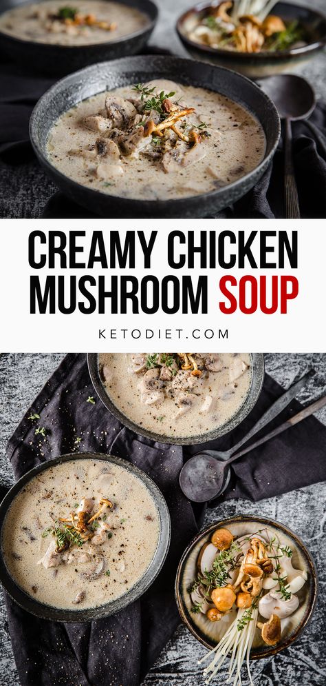 Creamy Chicken & Mushroom Soup Keto Chicken And Mushroom Soup, Chicken Mushroom Soup Recipe, Chicken And Mushroom Soup, Chicken Mushroom Soup, Creamy Chicken Mushroom, Low Carb Thanksgiving Recipes, Mushroom Soup Recipe, How To Thicken Soup, Chicken And Mushroom