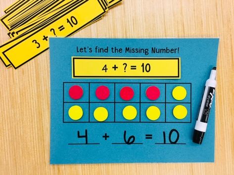 Use this fun math center to practice decomposing the number 10! Students will start with their activity mats, and pick an equation strip from the center of the table. Using red and yellow counters (or another fun manipulative), they must fill in the 10 frame creating two groups that correspond to the equation they've selected. Their job is to find the missing part of the equation and complete the new equation on the bottom of the mat. Kindergarten Math Enrichment, Friends Of 10, Find The Missing Number, Teacher Activities, Math Intervention, Math Manipulatives, Montessori Math, Math Center Activities, Math Instruction