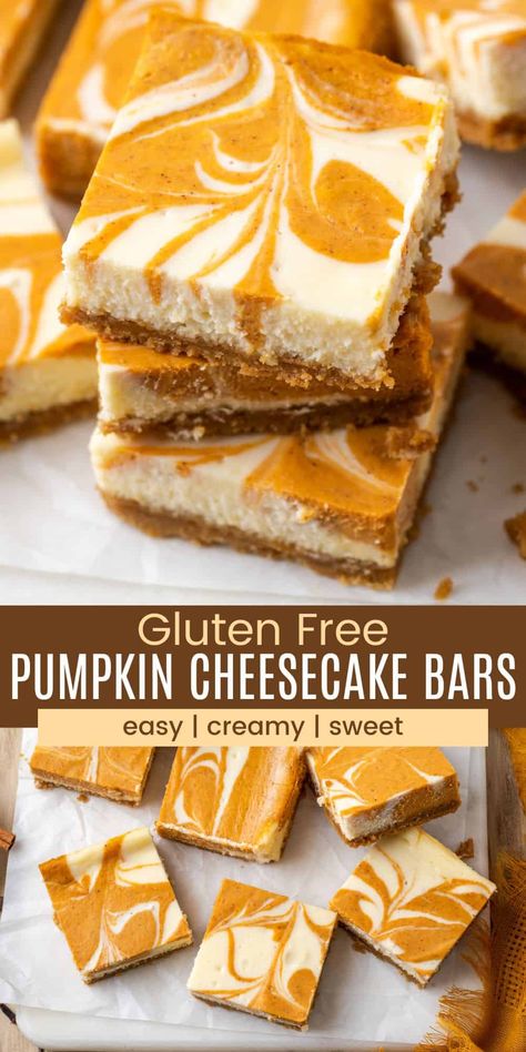 Pumpkin Cheesecake Bars take all the things you love about fall and fold them into a pumpkin-swirled, dreamy cheesecake filling on a crisp gluten-free cookie crust. The perfect handheld dessert for a Halloween party or a sweet after-school treat! Easy Pumpkin Cheesecake Bars, Gluten Free Graham Cracker Crust, Fall Desserts Gluten Free, Gf Thanksgiving, Gluten Free Pumpkin Desserts, Easy Pumpkin Cheesecake, Gluten Free Pumpkin Cheesecake, Gluten Free Pumpkin Bars, Gluten Free Pumpkin Recipes