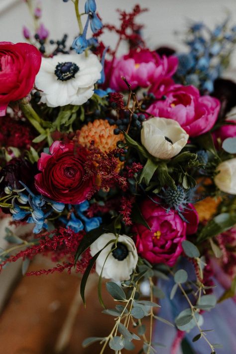 Fall Seasonal Flowers Wedding, Black And Vibrant Wedding, Dark Jewel Tone Wedding Bouquet, Spring Wedding Dark Colors, Colorful Winter Bouquet, Whimsical Garden Wedding Flowers, Jewel Tone Wildflower Wedding, Vibrant Wedding Florals, Jewel Tone Flowers Wedding