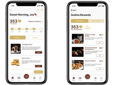 Godiva Home & Reward Page by Dumitru Birchin การออกแบบ Ui Ux, Loyalty Program Design, Reward Ideas, Rewards App, Restaurant App, Ui Ux App, Programming Apps, Loyalty Rewards Program, App Home