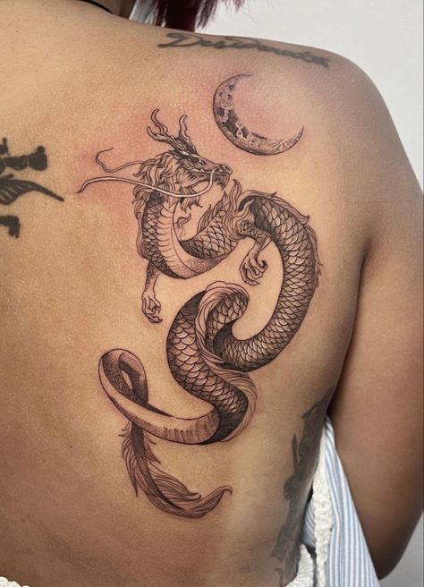 Bakunawa Tattoo Design, Filipino Mythology Tattoo, Dragon Moon Tattoo Design, Serpent Back Tattoo, Korean Mythology Tattoo, Water Serpent Tattoo, Snake Tattoos Backs, Filipino Dragon, Filipino Dragon Tattoo