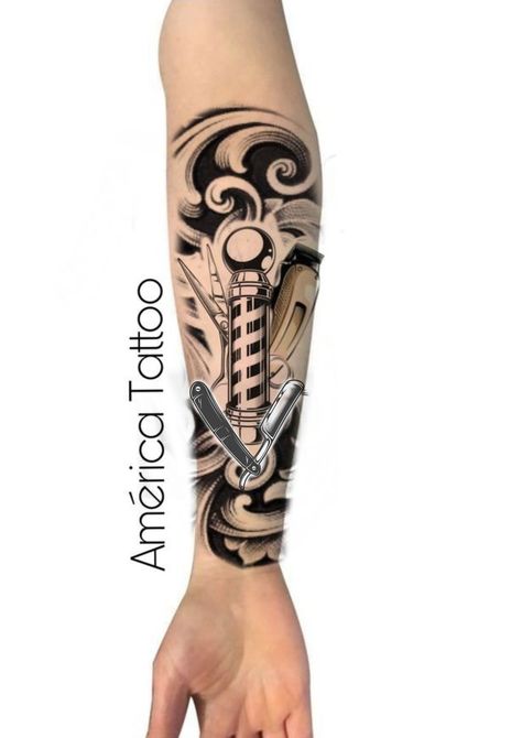 Barber Sleeve Tattoo, Barber Tattoos Men, Barber Pole Tattoo, Barber Tattoo Ideas, Straight Razor Tattoo, Salon Tattoo, Mangas Tattoo, Barber Tattoo, Japanese Flower Tattoo