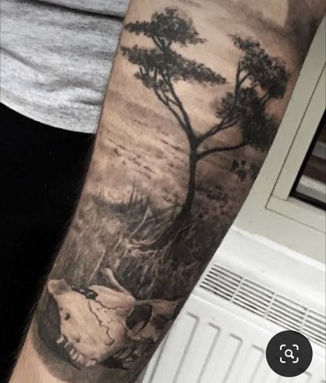 Savannah Tattoo, Savannah Landscape, African Sleeve Tattoo, Octopus Tattoo Sleeve, Jungle Tattoo, Africa Tattoos, Animal Sleeve Tattoo, African Tattoo, Lion Tattoo Sleeves