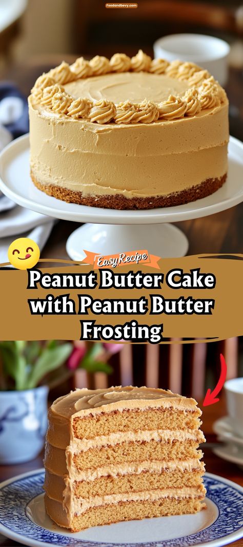 Celebrate the love of peanut butter with this Peanut Butter Cake with Peanut Butter Frosting. This cake is ultra-moist, loaded with peanut butter flavor, and topped with a creamy peanut butter frosting that melts in your mouth. It's the ultimate dessert for peanut butter aficionados. #PeanutButterCake #PeanutButterLovers #CakeGoals Peanut Butter Cake With Peanut Frosting, Peanut Butter Cream Cake, Reese's Peanut Butter Cake, Peanut Cake Recipe, Moist Peanut Butter Cake, Peanut Butter Filling For Cake, Peanut Butter Cake From Box Cake, Peanut Butter And Jelly Cake Recipe, Peanut Butter Cake Recipes