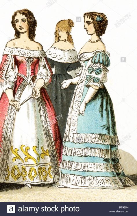 The Figures represented here are all French ladies of the court living in the 17th century, specifically between 1600 and 1670. The illustration dates to 1882 1400s French Fashion, Traditional French Clothing Women, French Royalty Fashion, 17th Century Dress French, 17th Century French Fashion, French Traditional Clothing, Baroque Fashion 17th Century, 17th Century Fashion Women, French Traditional Dress