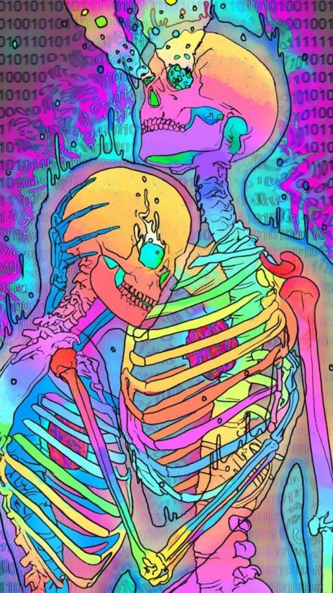 Skeleton Love, Trippy Drawings, Psychadelic Art, Trippy Painting, Trippy Wallpaper, Skeleton Art, Text Conversations, Hippie Wallpaper, A Skeleton