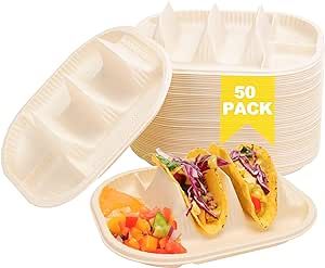 LUVCOSY 50 Pcs Small Disposable Taco Plates with Dividers, Cornstarch Taco Holder Plates, Stand Up Divider for 2 Tacos, Square Fiesta Taco Trays, 8" x 7"x 1.9", Handy For Street Taco Stand Taco Plate, Hard Shell Tacos, Taco Holder, Taco Holders, Taco Stand, Taco Party, Street Tacos, Taco Stuffed Shells, Taco Night