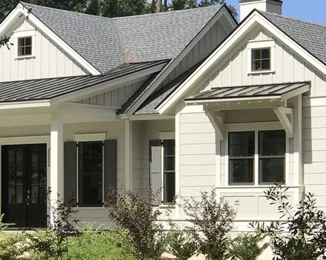 Shed Roof Over the Window on a Farmhouse Style House – Project Small House Farmhouse style metal roof over a windowThe windows are trimmed in Craftsman style, with all the details. Metal Roof Window Awning, Asphalt And Metal Roof Combo, Metal Accent Roof, Roof Over Window, Cobblestone Siding, Dormer Styles, Roof Awning, Craftsman Style Porch, Building A Shed Roof