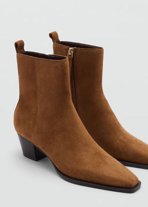 Heel suede ankle boot - Woman | MANGO USA | MANGO (US) Pointed Ankle Boots, Cowboy Style, Boys Accessories, Cow Boy, Leather Shoes Woman, Suede Ankle Boots, Womens Boots Ankle, Boot Shop, Girls Accessories