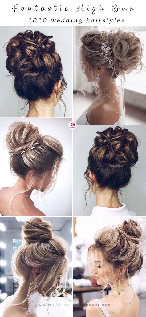 high bun updo wedding hairstyles, messy updo, updo hair, romantic bridal look, modern style, stylish brides, wedding 2020  #updohairsyles #weddinghairstyles #weddingupdo #weddings #weddingbrides High Wedding Updos For Long Hair, Wedding Hair Updo High Bun, Wedding Hairstyles Bun Messy, Wedding Hair Up High Bun, Hair For Wedding Bride Updo, Bride Hairstyles High Bun, 2023 Bridal Hair Updo, Bridal Hair Updo High Bun, Wedding Hairstyles High Updo