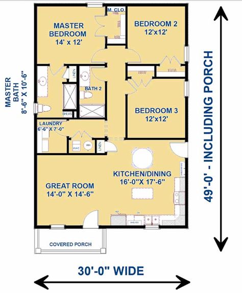 Main Floor Plan: 49-198 House Plans 3 Bedroom, Cottage Style House Plans, Small House Floor Plans, Simple House Plans, Cottage Plan, Family House Plans, Luxury House Plans, Cottage House Plans, Bedroom House Plans