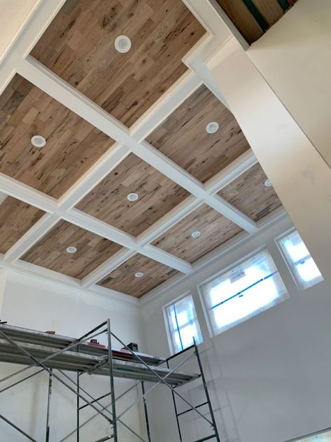 Faux Beam Coffered Ceiling, Reclaimed Wood Coffered Ceiling, Suspended Coffered Ceiling, Boxed Ceiling Ideas, Beadboard Coffered Ceiling, Stairwell Ceiling Ideas, Coffered Ceiling Ideas Diy, Octagon Tray Ceiling Ideas, Cofford Ceilings