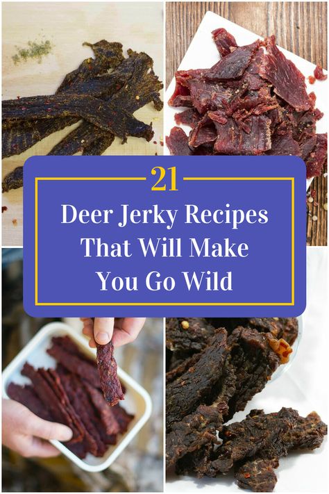 Collage of 4 deer jerky recipes. Venison Beef Jerky Recipes, Spicy Venison Jerky, Deer Jerkey Recipes Marinade, Homemade Jerky Seasoning Recipes, Deer Meat Jerky Recipes, Spicy Deer Jerky Recipe, Teriyaki Deer Jerky Recipe, How To Make Deer Jerky, Deer Jerkey Recipes Dehydrator