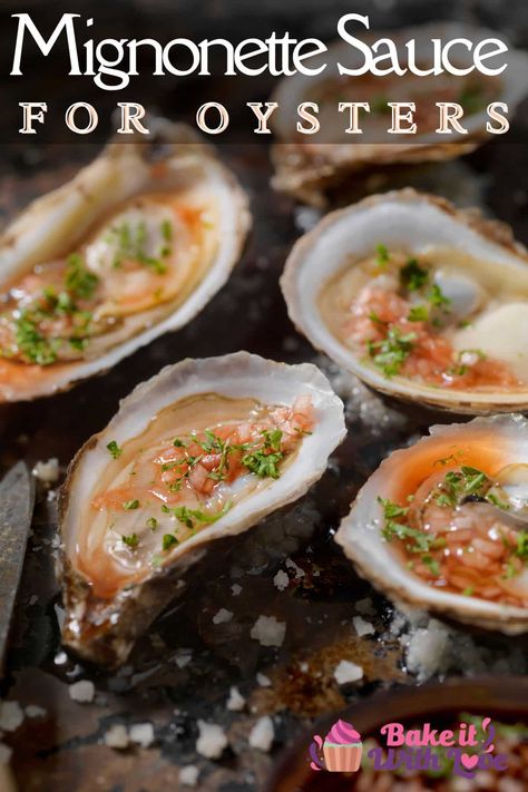 This mignonette sauce for oysters is the perfect condiment to pair with freshly shucked oysters on the half shell! It's a simple yet flavorful sauce made of vinegar, shallots, salt, and black pepper. The tangy, sharp flavor complements the briny and delicate taste of raw oysters wonderfully! BakeItWithLove.com Sauce For Oysters, Mignonette Recipe, Mignonette Sauce, Oysters On The Half Shell, Homemade Stir Fry, Fish Recipes Baked, Grilled Oysters, 4 Ingredient Recipes, Raw Oysters