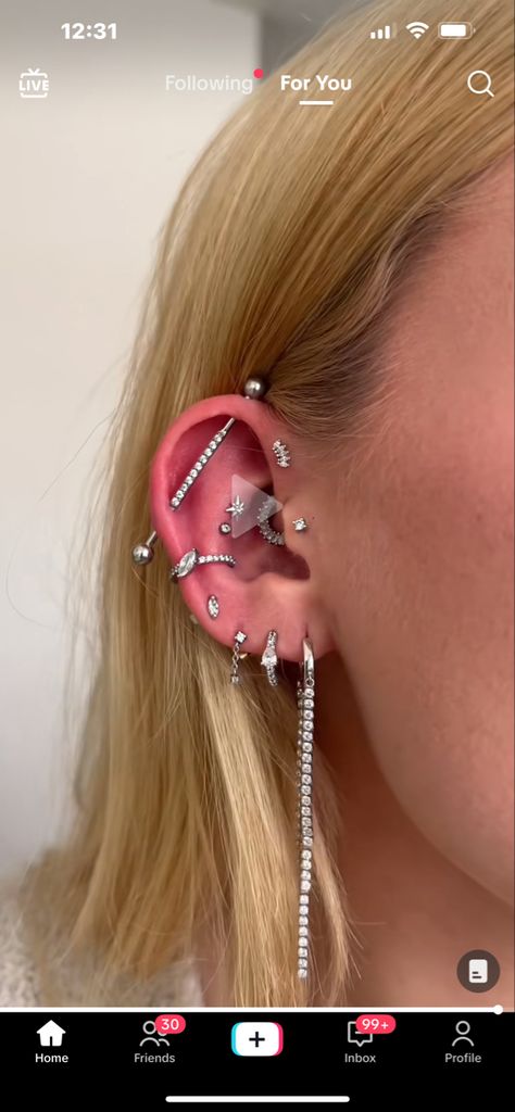 Industrial And Daith Piercing, Tragus And Forward Helix Piercing, Mixed Metal Ear Curation, Silver Ear Curation, Ear Curation Silver, Conch Ear Piercings, Forward Helix Piercing Ideas, Piercing Combinations, Silver Piercings