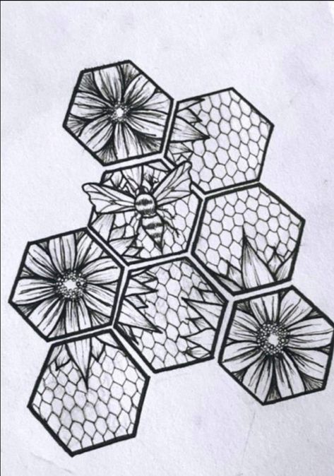 Honeycomb Drawing Pattern, Quilting Tattoos, Hexagon Tattoo Design, Honeycombs Drawings, Observational Drawings, Hexagon Tattoo, Honeycomb Tattoo, Traditional Tattoo Sleeve, Daisy Tattoo