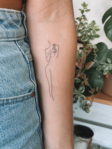 Line Body Tattoos For Women, Womens Silouette Tattoo, Stick And Poke Tattoo Line Art, Women Shilouette Tattoos, Line Work Woman Tattoo, Simple Body Tattoos, Woman Line Drawing Tattoo, Abstract Women Tattoo, One Line Tattoos For Women