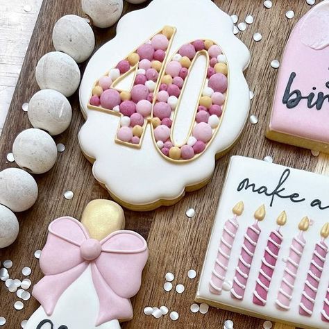 Amanda Luecke on Instagram: "I’ve had a few orders for 40th birthday cookies and with my own creeping up quickly, it’s been fun to make cookies for other amazing women hitting this milestone! . I love how fun and playful these are!! Happy 40th, Katie! . I was sent photos as inspo so I’m not sure who all the ideas come from but feel free to comment with the cookie artist below and I will tag them! . All natural colors from @prsmsugarco Black is activated charcoal from charcoal house llc . . . Decorated Cookies Birthday Woman, Grandma Cookies Decorated, 40th Cookies Women, Happy Birthday Cookies Decorated Women, 40 Birthday Cookies Women, Woman Birthday Cookies, Birthday Cookies Women, 40th Bday Cookies, 40th Birthday Cookies Decorated