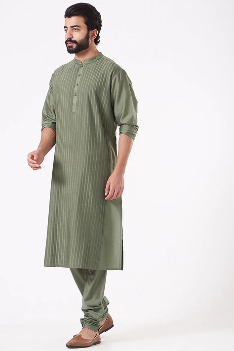 Olive Green Pintucked Kurta Set Design by Abhishek Gupta Men at Pernia's Pop Up Shop 2022 Pintuck Kurta Men, Kurta Men, Mens Kurta Designs, Indian Fashion Designers, Pernia Pop Up Shop, Kurta Designs, Churidar, Clothes Ideas, Kurta Set