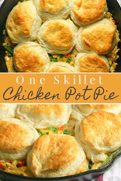 This one pan Skillet Chicken Pot Pie makes your favourite comfort food even easier thanks to one-dish cooking. Simple enough to make on the busiest of weeknights, this take less than 30 minutes start to finish. #comfortfood #easychickenrecipe #potpie Skillet Chicken Pot Pie, Cast Iron Skillet Recipes Dinner, Biscuit Chicken Pot Pie, Dutch Oven Chicken, Easy Skillet Chicken, Chicken Pot Pie Casserole, Homemade Chicken Pot Pie, Chicken Skillet Recipes, Iron Skillet Recipes