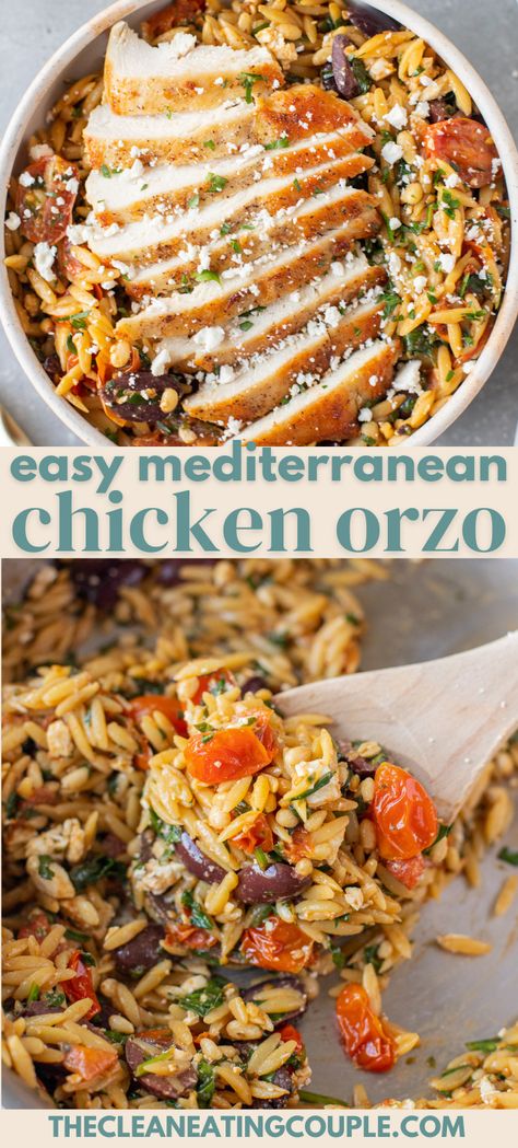 Easy Mediterranean Chicken Orzo salad is an easy and delicious one pan dinner! Made with simple ingredients, packed with flavor and done in under 30 minutes! The perfect Mediterranean salad bowl! Easy Healthy Dinner Mediterranean, One Pot Ww Meals, Healthy Comforting Dinner Recipes, Outlive Recipes, Healthy Dinner Casseroles Clean Eating, Mediterranean Chicken With Orzo, Healthy Dinner Recipes Few Ingredients, Easy Healthy Mediterranean Meals, Easy Weekday Meals Dinners