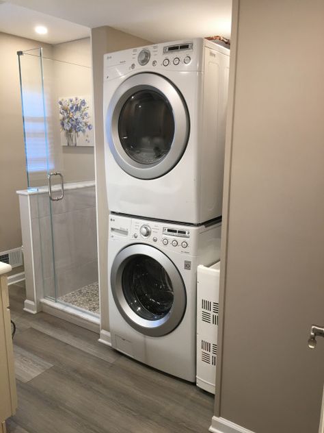 Washer And Dryer In Bathroom, Small Bathroom With Washer And Dryer, Dryer In Bathroom, Washer Dryer Ideas, Washer Dryer Laundry Room, Stackable Laundry, Traditional Laundry Room, Custom Laundry Room, Laundry Room Wallpaper