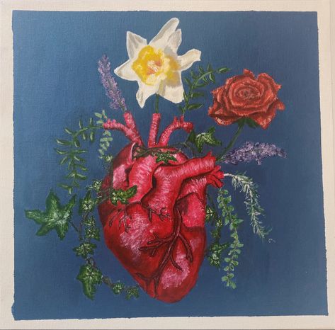 Heart Flowers Painting, Heart Flower Painting, Real Heart Painting, Heart With Flowers Painting, Realistic Heart Painting, Heart With Flowers, Koi Painting, Heart Vase, Canvas Drawings