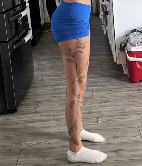 Leg Tattoo Women Full, Womens Side Of Leg Tattoo, Leg Tattoos Women Lower Calf Side, Simple Full Leg Tattoos, Black Female Leg Tattoos, Down The Leg Tattoos Women, Simple Flower Leg Tattoo, Leg Tattoos Lower Calf, Leg Plant Tattoos Women