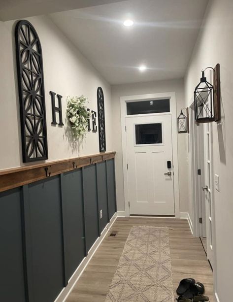 Hallway Decor Panelling, Hallways Paint Ideas, Diy Entry Way Accent Wall, Long Narrow Entryway Ideas Front Doors, Empty Wall Ideas Hallway, Long Hallway Wall Ideas, Front Entry Flooring Ideas, Wood Accent Wall Entryway, Long Hallway Photo Wall Ideas