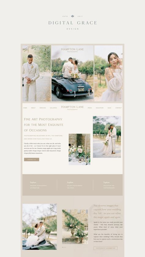 The Hampton Lane template is designed with the fine art wedding photographer, vendor, or creative in mind – complete with full Experience page, Education and Sales pages, Portfolio pages, Press page, and more! Shop Showit Website Templates from Digital Grace Design. Nutrition Website Design, Portfolio Pages, Shop Banner Design, Wedding Website Template, Wedding Website Design, Feminine Wordpress Theme, Showit Template, Portfolio Website Design, Showit Website