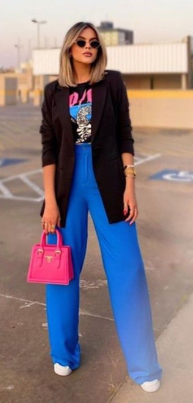 Blue Casual Pants Outfit, Business Casual Outfits For Women Blue Pants, Cobalt Blue Work Outfit, Royal Blue Pants Outfit Fall, Royal Blue Palazzo Pants Outfit, Royal Blue Linen Pants Outfit, Bright Blue Pants Outfit Women, Blue High Waisted Pants Outfit, Bright Blue Dress Pants Outfit