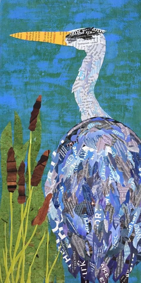 Mixed Media Art: Heron Hunting Wall Art • Recyclart News Paper Collage Art, Newspaper Collage Art, Bird Mosaics, Collage Nature, Wall Art Collage, Heron Art, Paper Collages, Art Newspaper, Newspaper Art