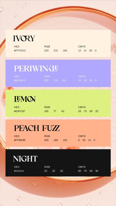 Trio Color Palette, Food Business Color Palette, Pantone Peach Fuzz Color Palette, Color Palettes Design, Contrasting Colors Palette, 2024 Colour Palette, Pantone Color 2024, Pantone Peach Fuzz, Peach Fuzz Color Palette