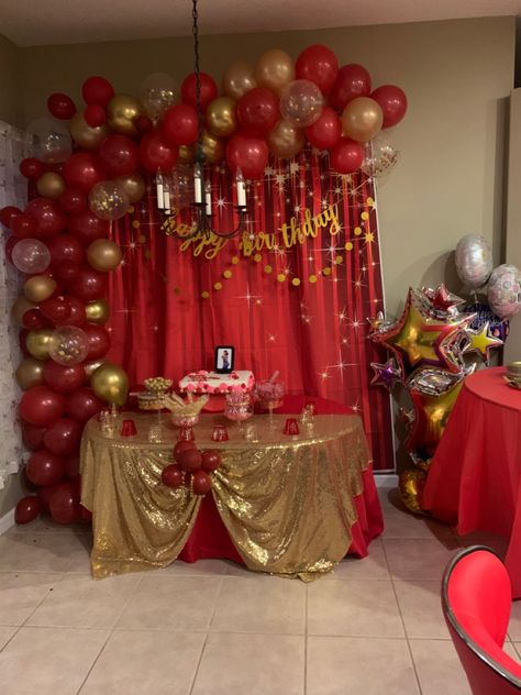 Red and gold birthday decor Red And Gold 80th Birthday Party, Red And Yellow Birthday Decorations, Gold And Red Birthday Decorations, Red And Gold Balloons Decoration, Red And Gold Candy Table, Gold And Red Birthday Theme, Red Gold Decorations Party Ideas, Red And Gold 50th Birthday Party Ideas, Red Balloon Decorations Birthday