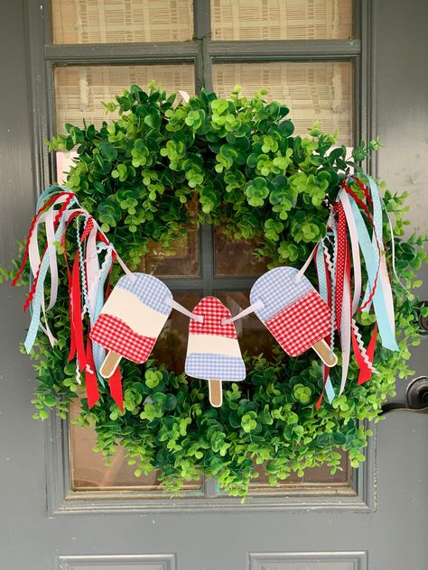 Perfect for summer! 24-28inch July Wreath, Door Wreaths Diy, Summer Mantle Decor, Fourth Of July Decor, July Decor, Happy Fourth Of July, 4th Of July Decorations, Patriotic Holidays, Cricut Craft Room