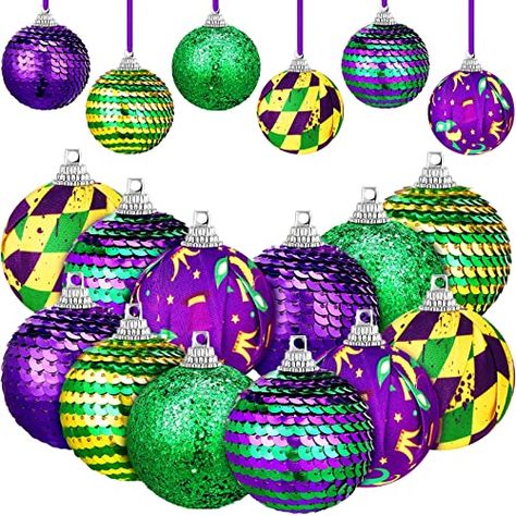 Mardi Gras Ball Ornaments Purple Green Yellow Carnival Tree Ornament, Mardi Gras Decorations Sequin Ball for Carnival St. Patrick's Day Party Hanging Decor (Stylish Style, 12 Pieces) Green Cocktails, Purple Christmas Ornaments, Mardi Gras Ball, Mardi Gras Party Decorations, Mardi Gras Decorations, Purple Christmas, Mardi Gras Party, Stil Elegant, Saint Patrick