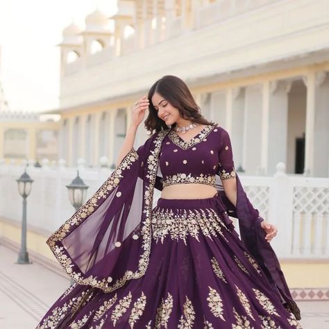 💃 LEHENGA CHOLI WITH DUPATTA COLLECTIONS-2024 👗 Shop This Trending Wine Embroidered Fully Flaired Georgette Lehenga Made with Rich Sequins And Thread Embroidered Work With Stunning Blouse And Dupatta. Code:- LW-7102 Lehenga :- (Full-Stitched)👇🏻 Fabric & Work :- Faux Blooming Georgette With Heavy Thread Sequins Embroidered work Length :- 42'' Waist :- 42'' Inner :- Cotton Flair :- 3.5 Mtr Closure:- Chain Attached & With Dori Latkan Stitching Type :- Stitched Can-Can And canvas Blous... Purple Lehenga, Heavy Lehenga, Lehenga Choli Designs, Wedding Outfits For Women, Bridesmaid Lehenga, Sabyasachi Lehenga, Georgette Lehenga, Ethnic Chic, Lehenga Blouse