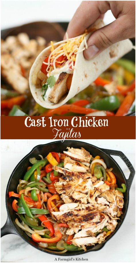 Chipotle Lime Crema, Cast Iron Recipes Dinner, Cast Iron Skillet Recipes Dinner, Easy Chicken Fajitas, Cast Iron Skillet Cooking, Cast Iron Chicken, Sauteed Onions, Skillet Dinner Recipes, Lime Crema