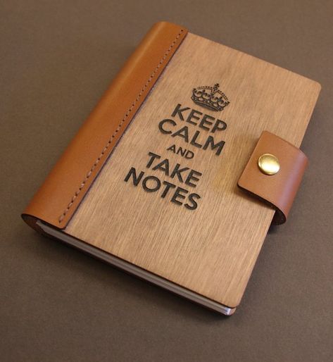 Here we have something different - this notebook cover is made using wood for the covers and quality vegetable tan leather for the spine and clasp. The leather is hand stitched to the wooden covers and these are engraved in house with a laser. A brass press stud secures it.  This is Wooden Notebook Cover, Crafting Closet, Wood Menu Holder, Golden Oak Wood, Wood Notebooks, Wood Menu, Wood Journal, Easy Woodworking Ideas, Wooden Notebooks